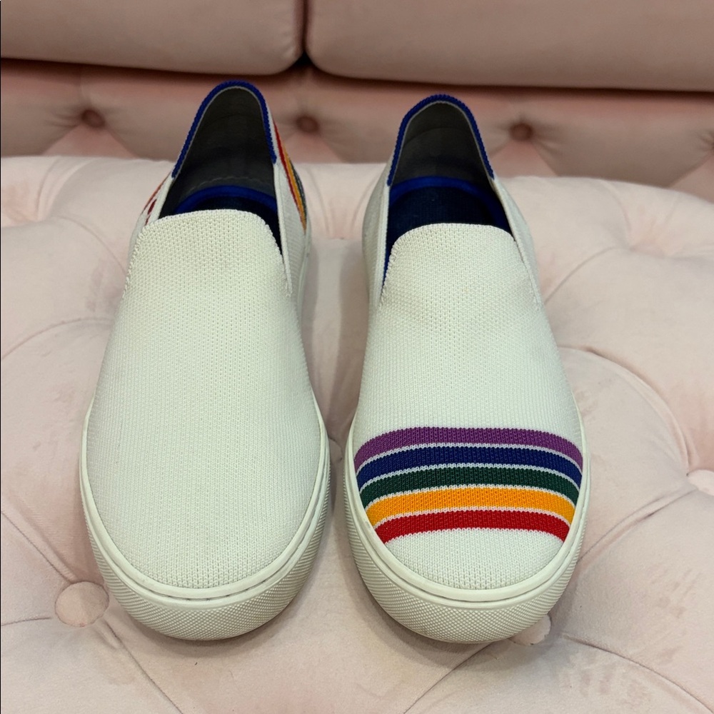 PRIDE Rothy's White Slip-On Sneakers with Rainbow Stripes